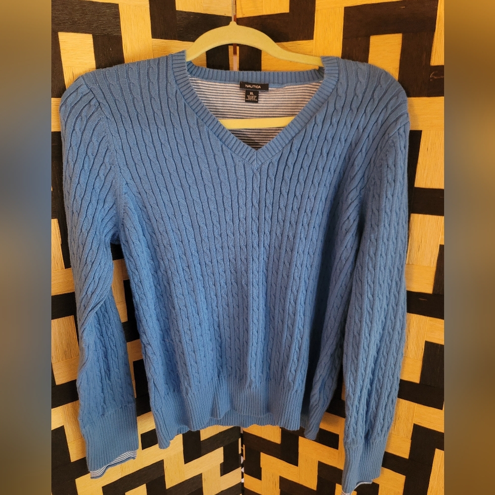 Nautica Blue V-Neck Sweater with Cable‎ Knit Design Womens XL